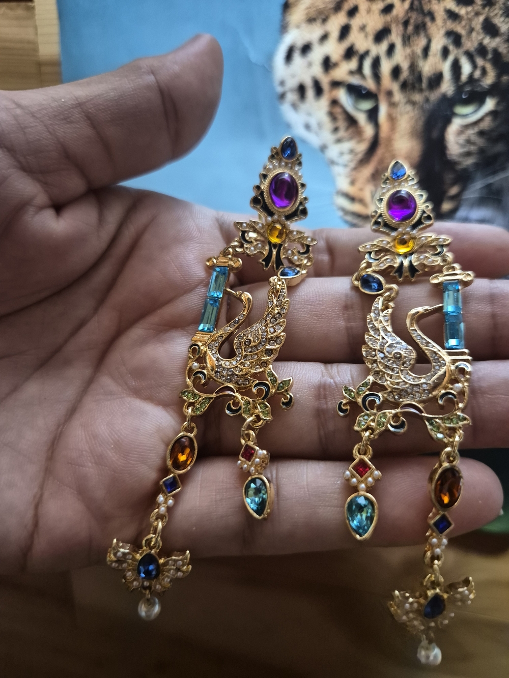 Gold-Tone Multicolor Peacock Drop Earrings - Elegant Women's Jewelry - Picture 3 of 6